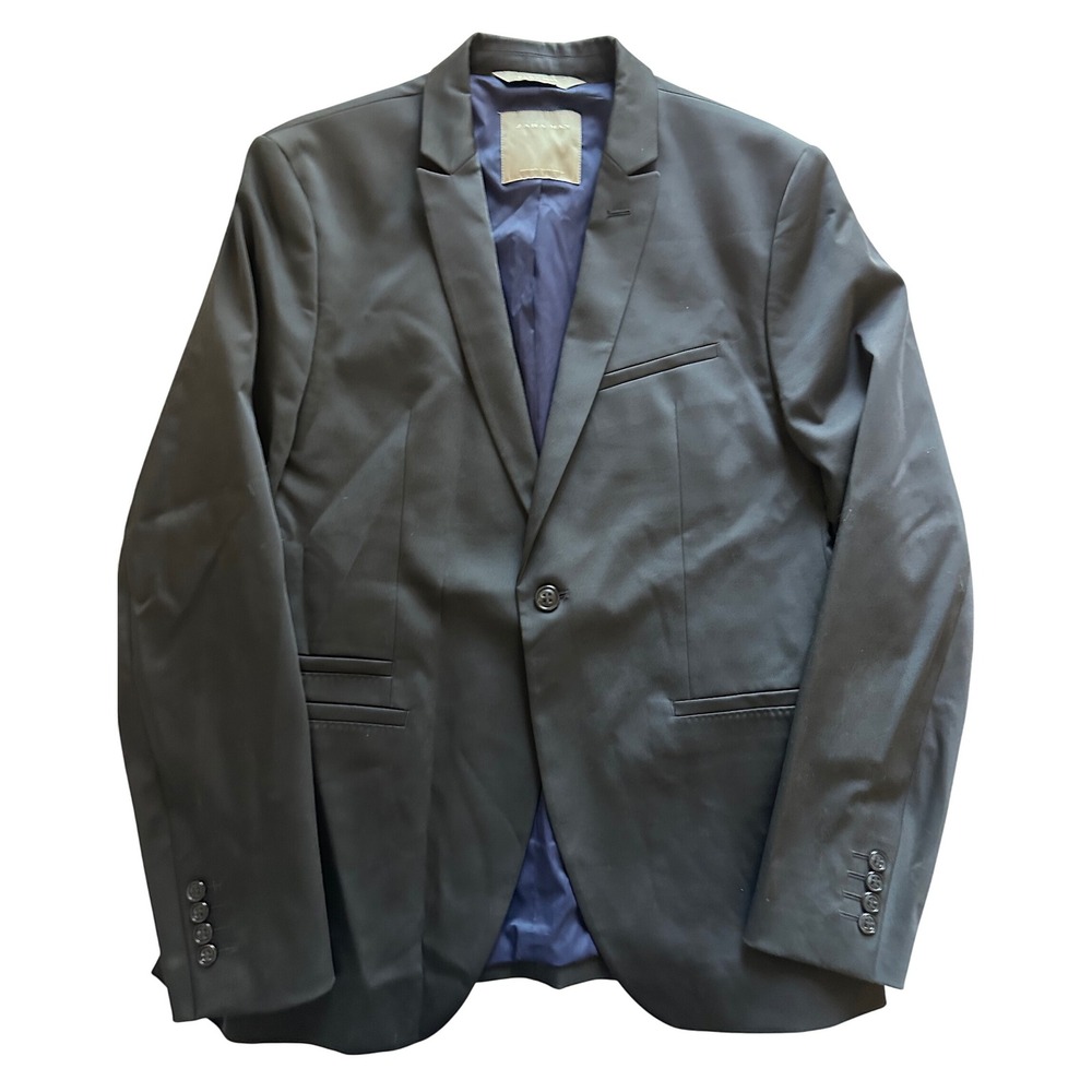 Zara Man Black Blazer Suit Jacket Men's Size 44 Slim Fit‎ One Button Business